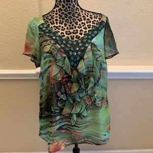 New Directions Woman- Green Beaded Ruffled Blouse